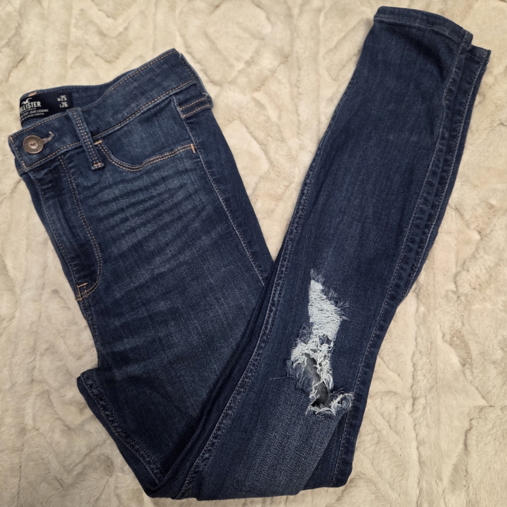 Trendy Dark Blue Distressed Women Jeans-HOLLISTER 25W 27L-HIGHRISE
